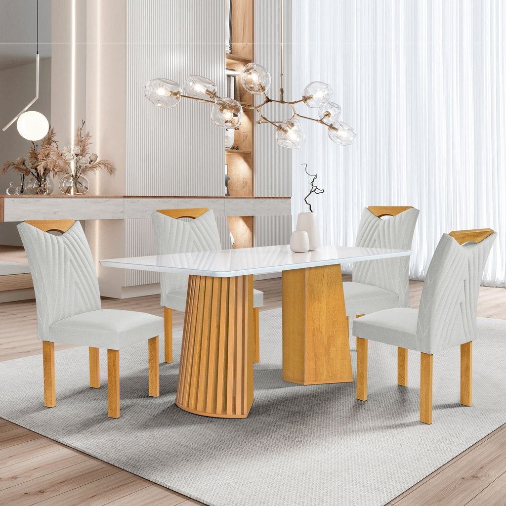 Conjunto Mesa Stella Ripada 120cm com 4 Cadeiras Stella Tampo Smart Plus com Vidro Cinamomo/Off White