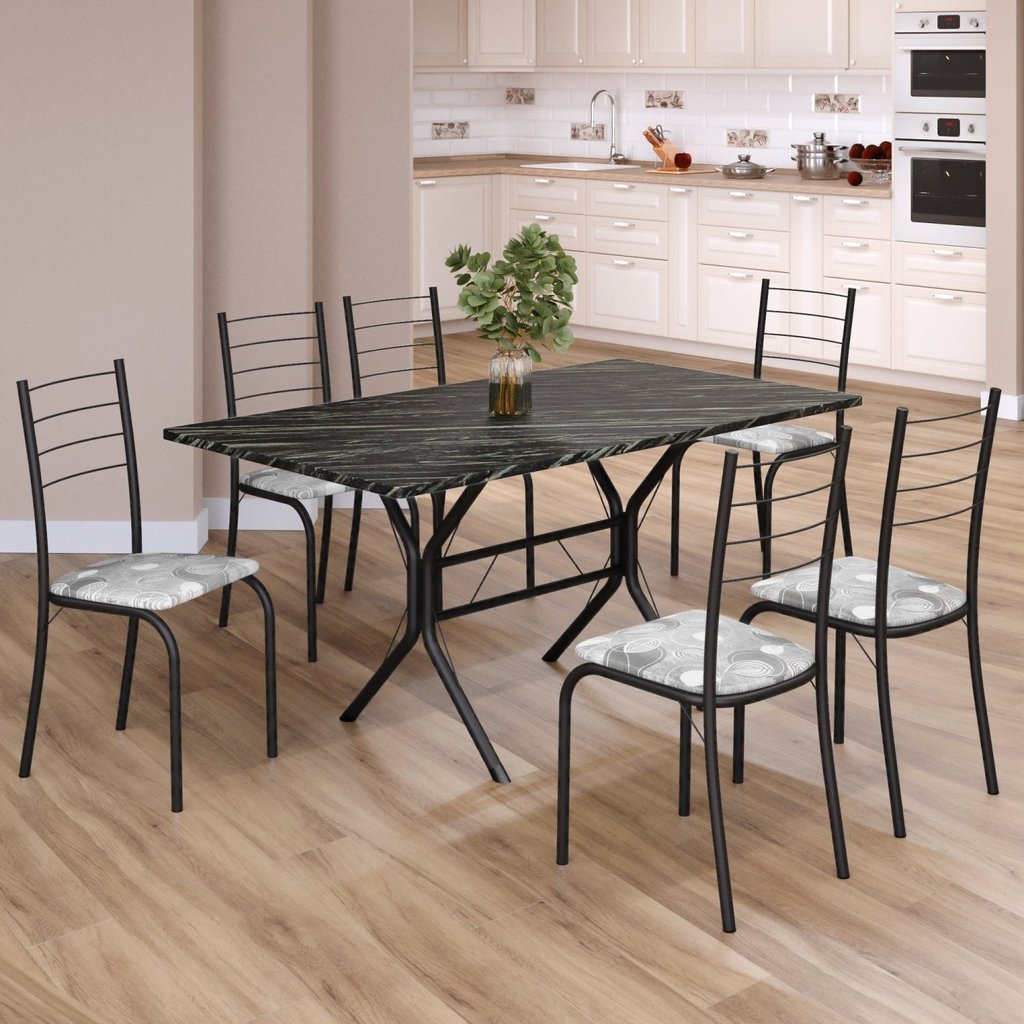 Conjunto Sala de Jantar Mesa Retangular 140x75cm Tampo Madeira Mdp Indiana 6 Cadeiras Rio Paraopeba/Preto