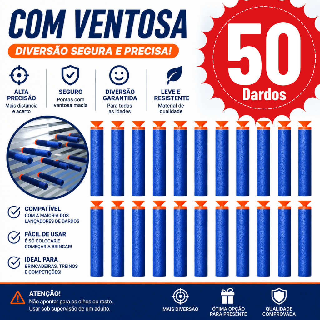 Kit 50 Refil de Dardos Com Ventosa Espuma Munição Recarga Refil Gruda Cola Vidro Nerf Balas Lançador