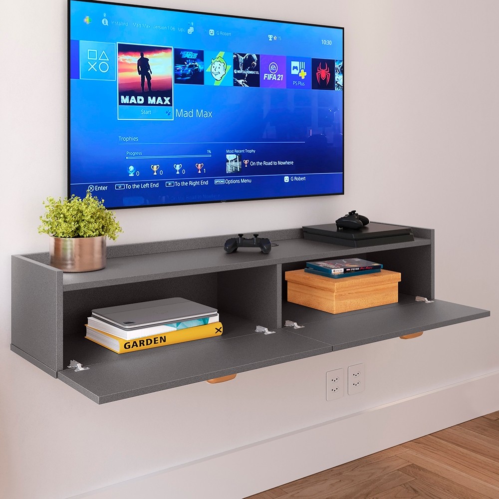 Rack Suspenso Home Estante Tv 42 Polegadas Bancada Pequena 2 Portas Multiuso Decoração Sala Quarto — imagem 2 de 2