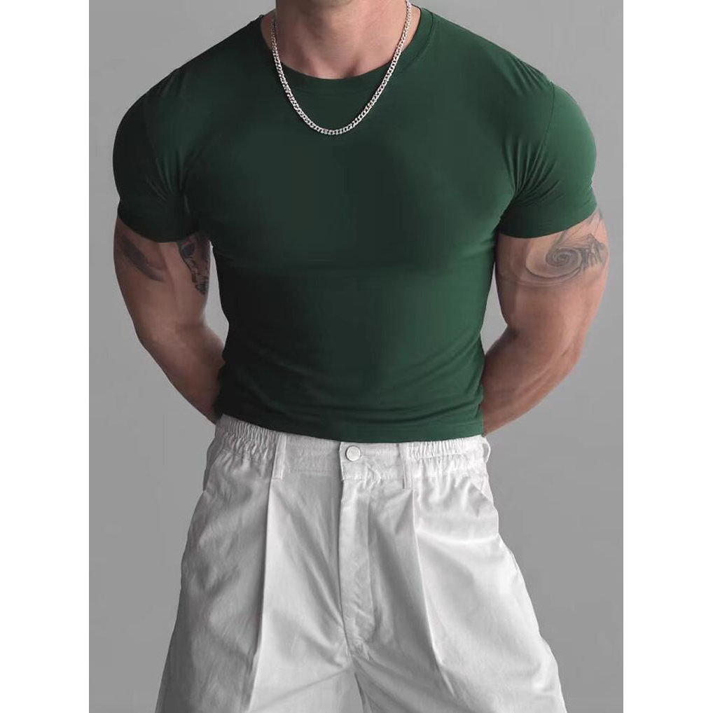 Camiseta de algodão de seda gelada American Tough Guy Muscle masculina justa elástica de três pontos de manga curta lega