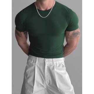 Camiseta de algodão de seda gelada American Tough Guy Muscle masculina justa elástica de três pontos de manga curta lega
