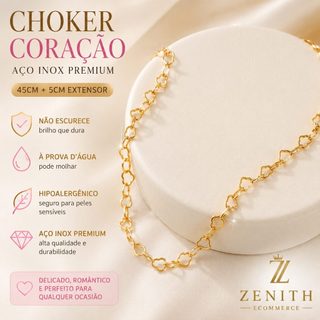 Colar Choker Coração Feminina Luxo Aço Inox Não Escurece Gargantilha Premium Dourada e Prata
