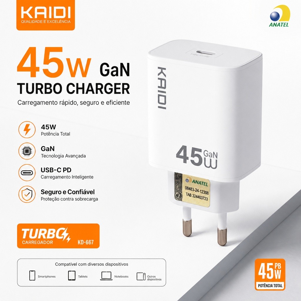 Carregador Rápido Kaidi 45W Turbo USB-C PD KD-667 Compatível com iPhone e Android