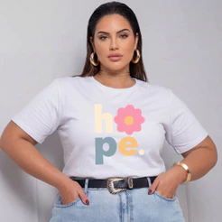 Camiseta Feminina Plus Size Tendência Estampada Algodão "HOPE"
