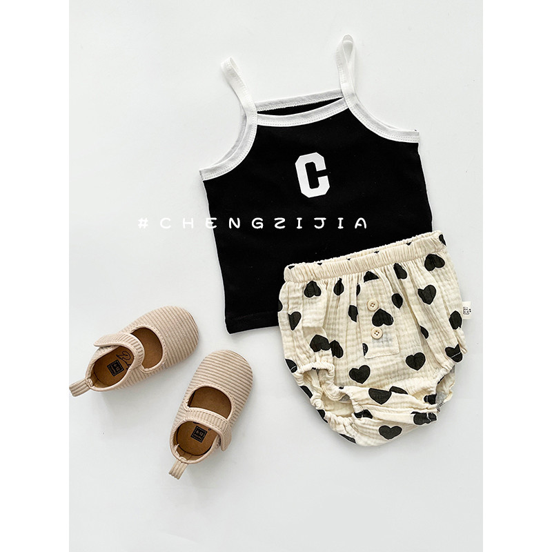 Verão meninas estilo coreano estilo fino moda terno bebê carta impressão estilo ocidental camisola topo bebê amor Shorts