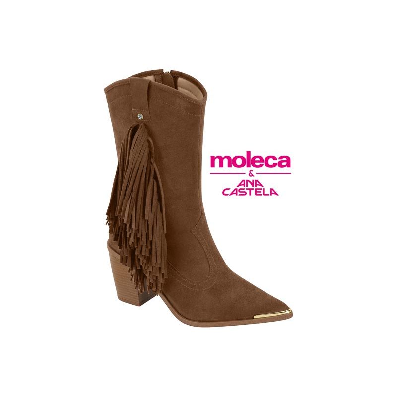 Bota Moleca Country Cano Médio Caramelo Com Franjas E Salto Bloco Camel