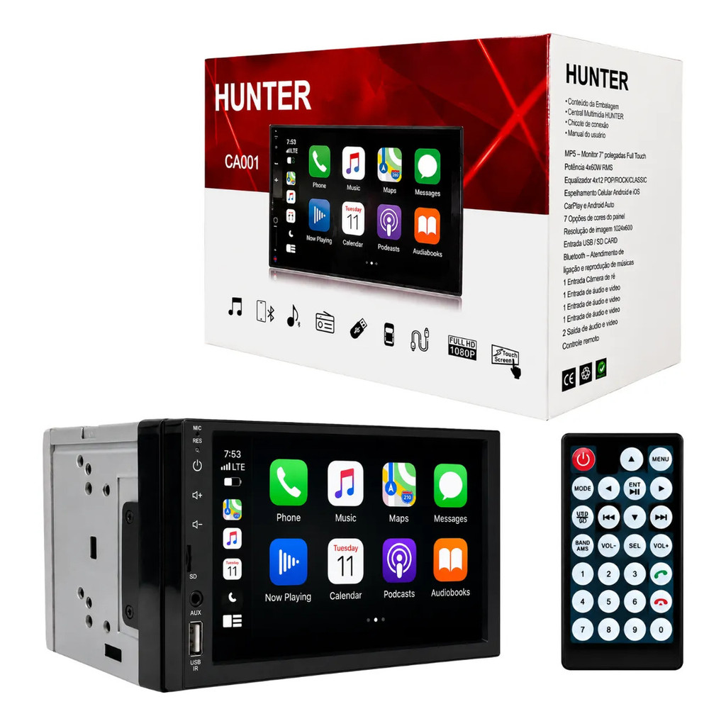 Central Multimídia 7 Pol Android Auto Carplay Gps Waze Bt