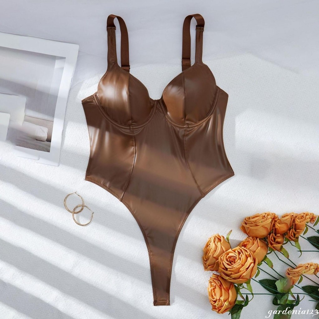 [GaDn] Body Feminino De Couro Sintético Sem Mangas Com Decote Em V E Corte Alto , Tops De Uma Peça