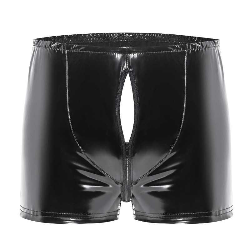 Sexy Zíper Boxer Homem Quente Roupa Interior PVC Cuecas De Couro Falso Gay Traseiro Oco Shorts Preto Wetlook Masculino D