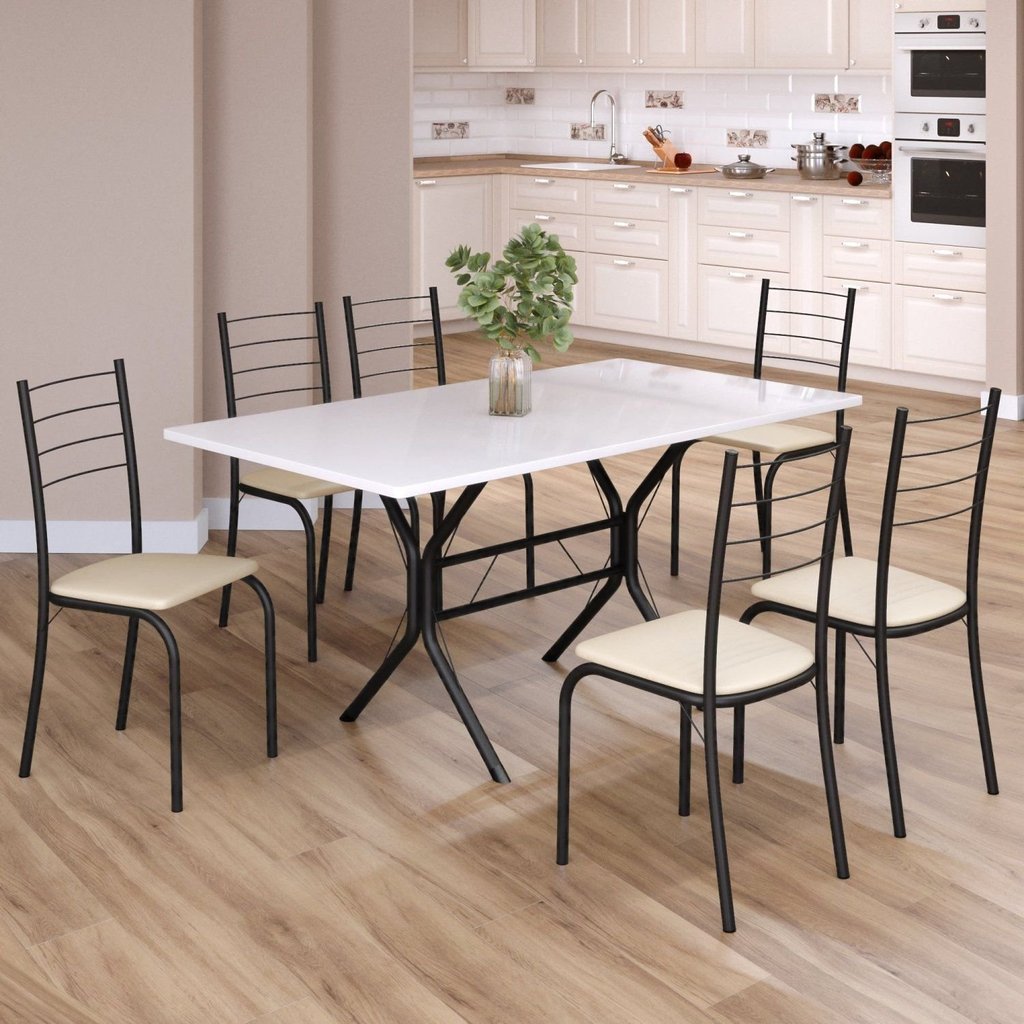 Conjunto Sala de Jantar Mesa Retangular 140x75cm Tampo Madeira MDP 6 Cadeiras Rio Preto/Creme/Fosco Creme/Preto