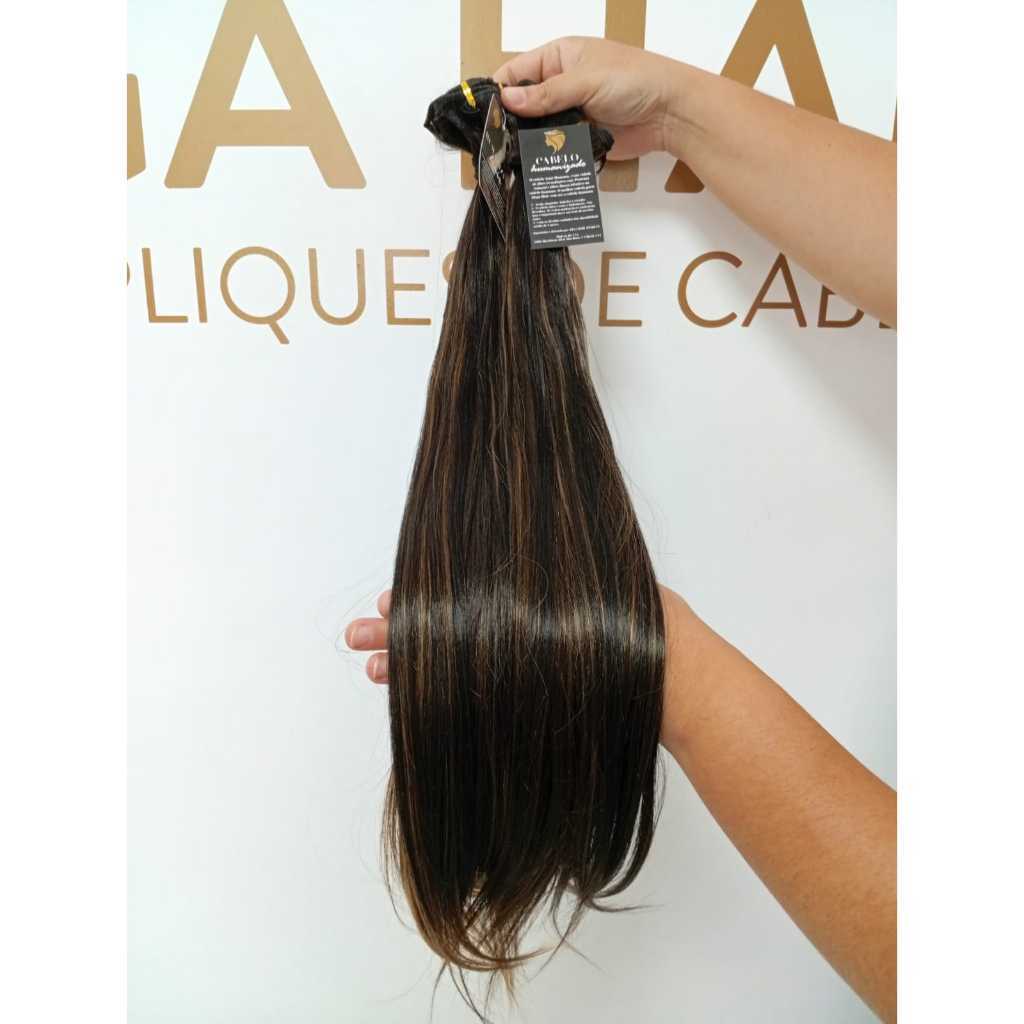 Aplique de Cabelo na Tela Mega Hair Natural Fibra Russa Morena Iluminada Liso 70cm Premium Bella Hair