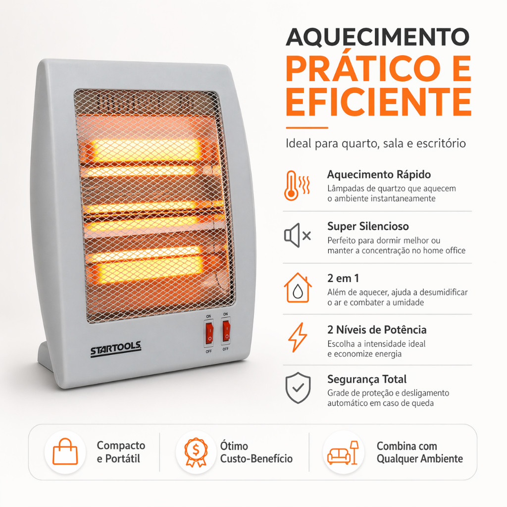 Aquecedor Elétrico Quartzo Mini Portátil 2 Níveis Startools