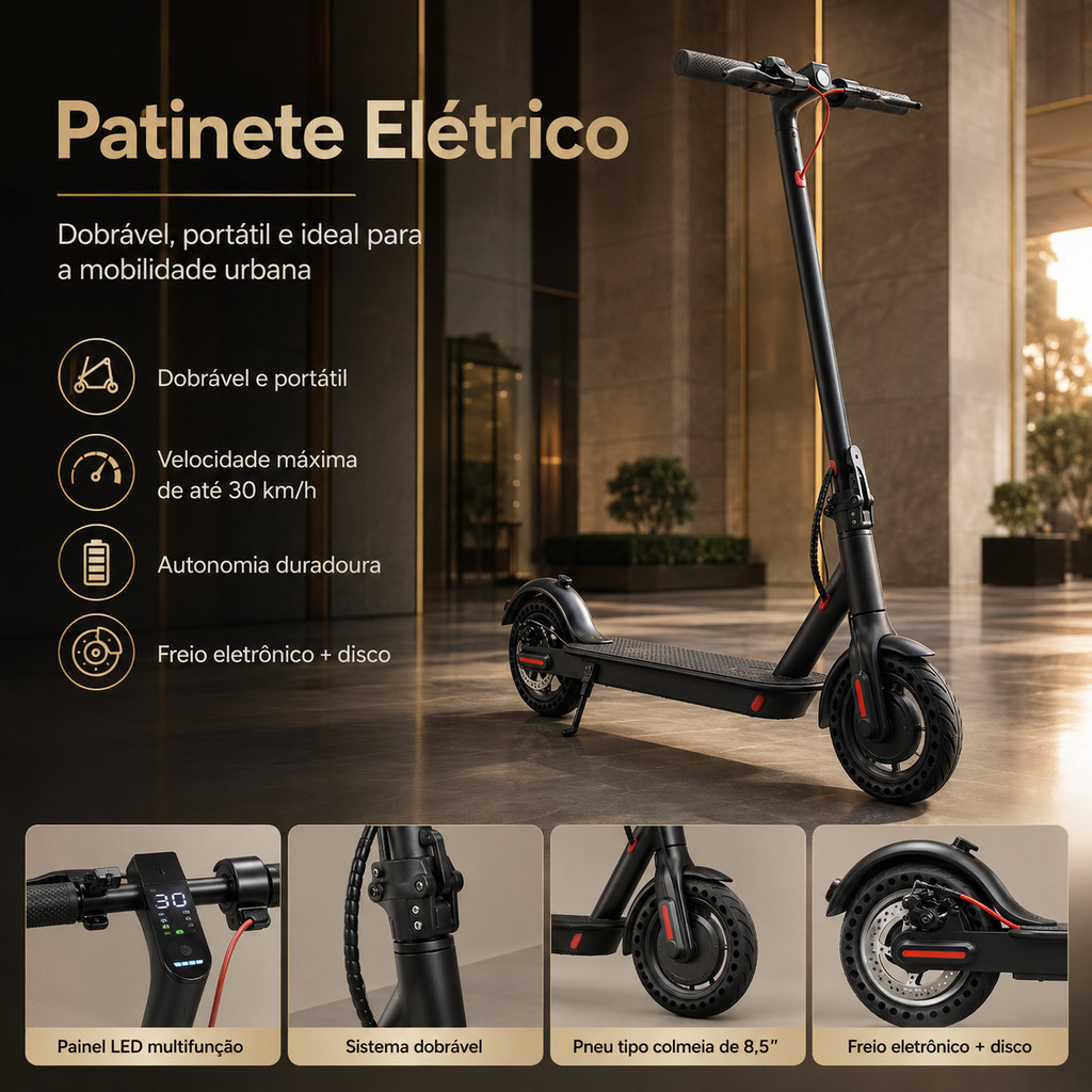 Patinete Scooter Elétrico Portátil Dobrável Adulto com Alcance de 23 quilômetros e Bateria de Longa Duração Eficiente