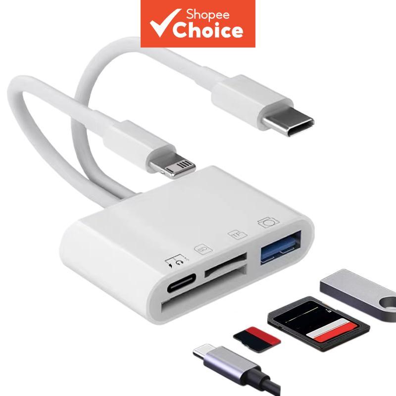 Leitor de Cartões 4 em 2 para iOS, Adaptador OTG Tipo-C para Câmera, SD/TF, Pendrive e Conector de Carregador para