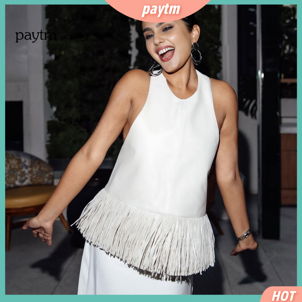 Women Polyester Vest Valentine Outfit Women’s Fringe Faux Leather Halter Top Backless Tassel Crop Sexy Clubwear Rave P