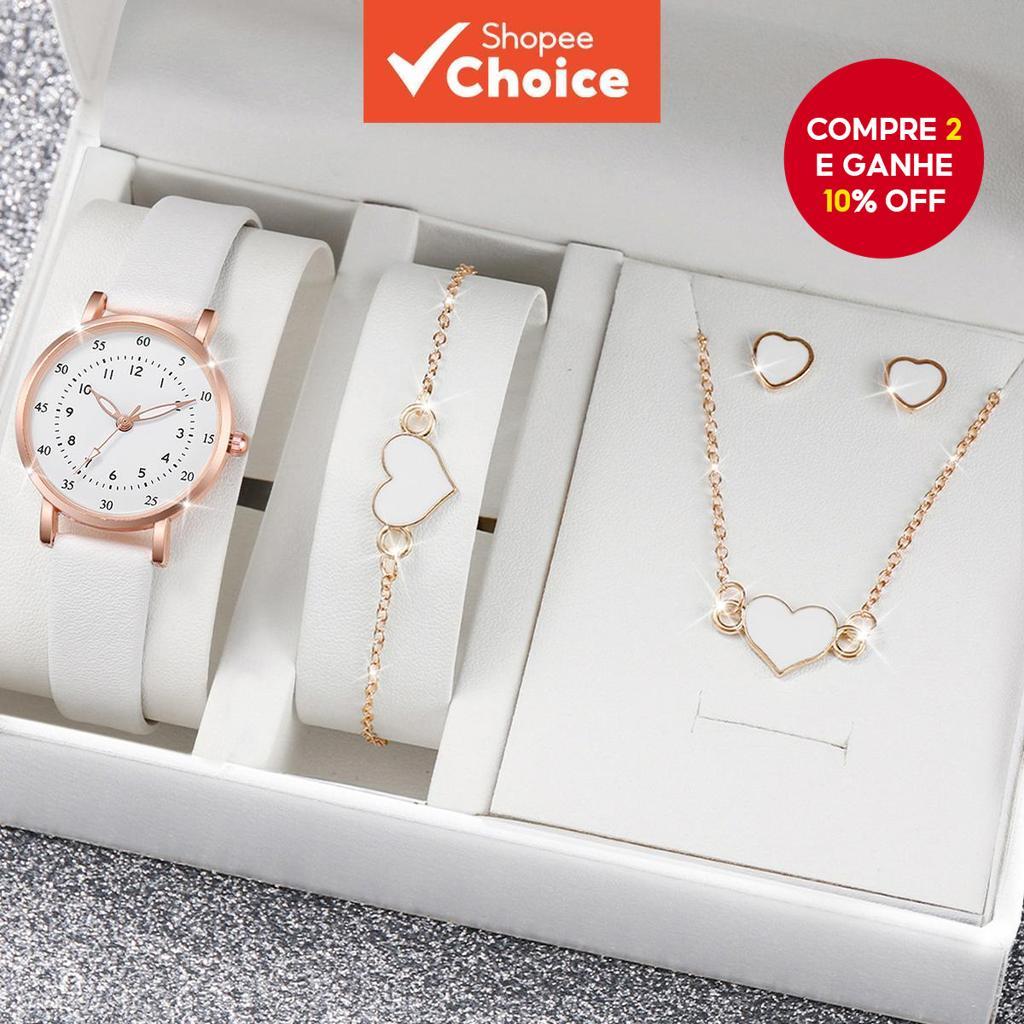 5 Peças De Relógio De Quartzo Feminino Moderno Com Rosto Digital E Pulseira De Couro + Conjunto De Acessórios De Coração