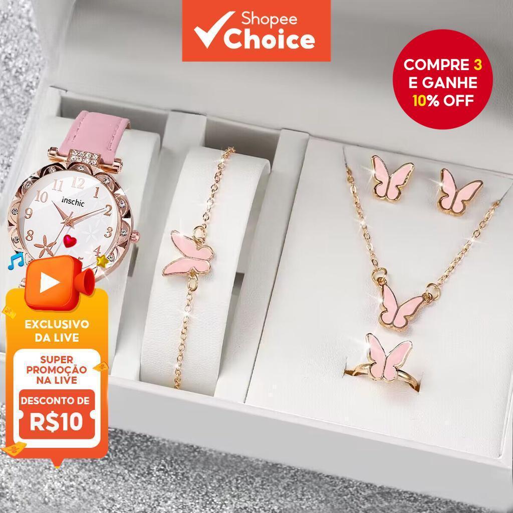 Moda Flor Feminina Relógio Casual Couro Banda Quartzo Jóias Presente Conjunto