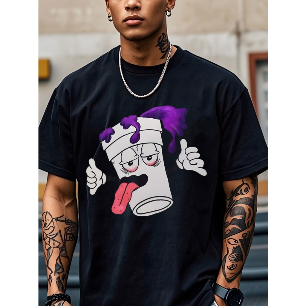 Camiseta Masculina Cartoon Animado Personagem Copo Divertido Design Confortável Estilosa Divertida Casual