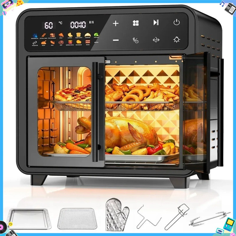Air Fryer Forno 25L French Door -Air Fryer Forno 5 em 1 1500W Digital Espeto Giratório 2 Bandejas Antiaderentes