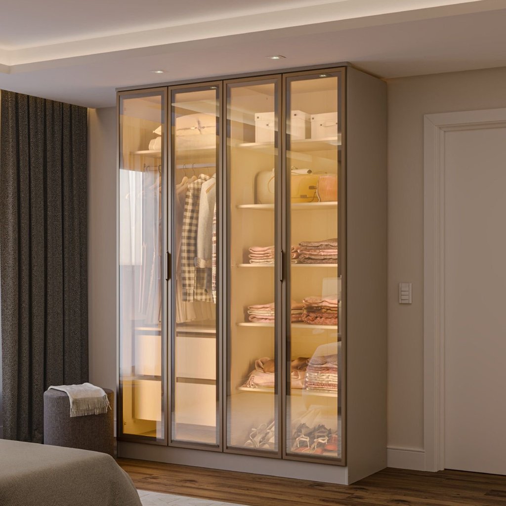 Guarda-Roupa 4 Portas Reflecta com LED 100% MDF Orion CabeCasa MadeiraOriginals Bege/Aveia Aveia