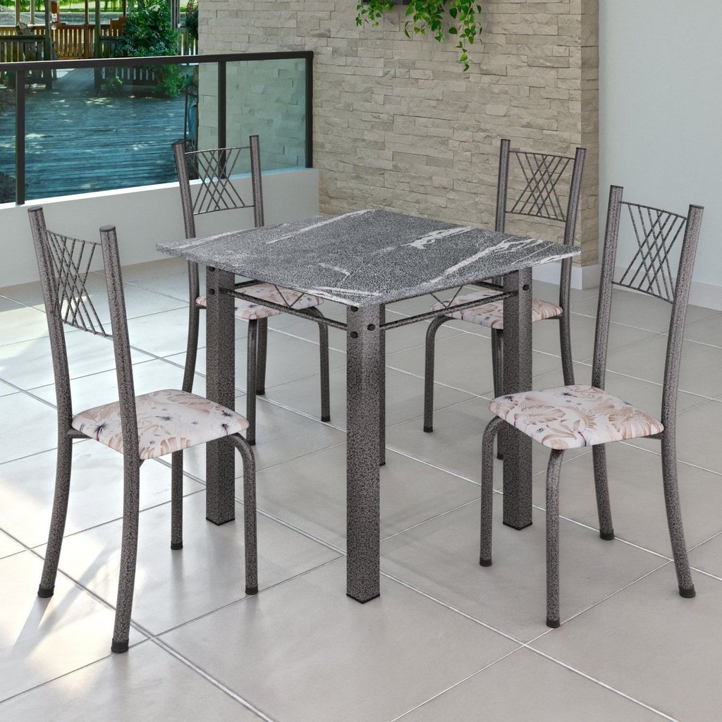 Conjunto de Jantar Mesa 70x70cm Tampo de Granito Topázio com 4 Cadeiras Sara Yescasa Prata/Botanic Bege/Mart Martelado