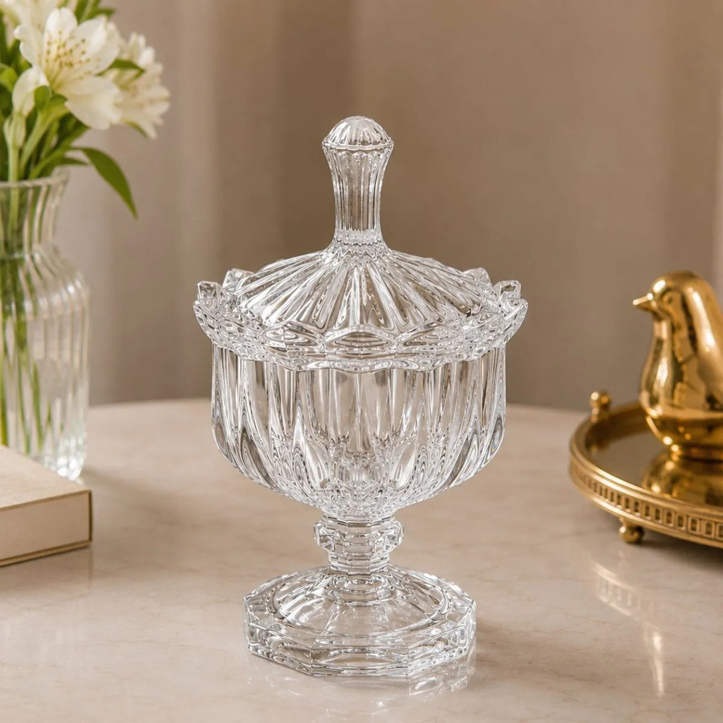 Potiche Vidro Decorativo Com Pé Bomboniere Cristal Com Tampa