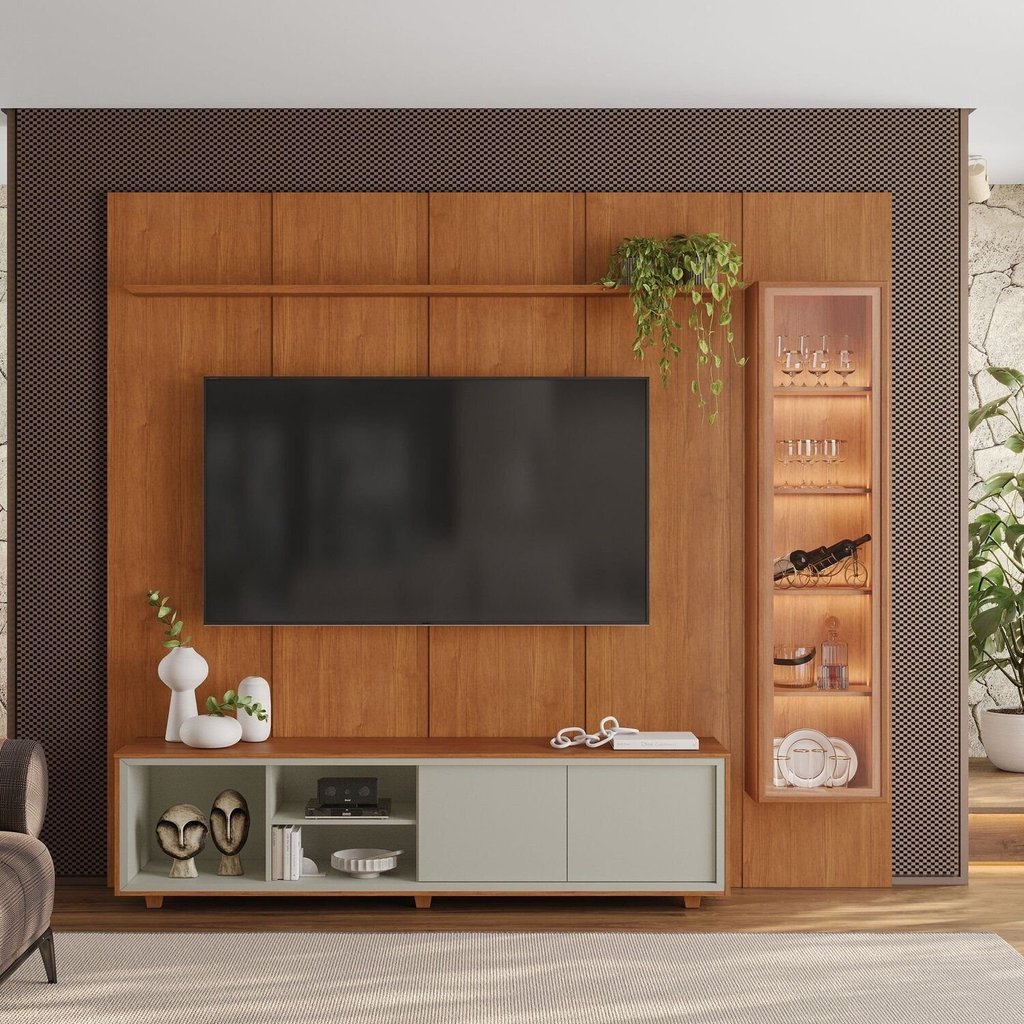 Rack com Painel e Cristaleira para TV até 75 Polegadas com LED MDF 250CMX232CM Zeus Naturalle/Off White Naturalle/Off