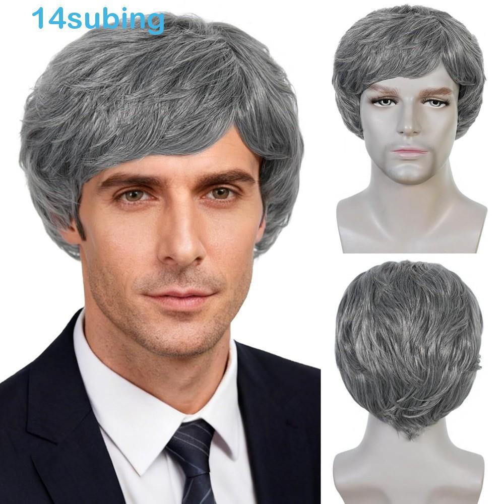 SUBING Perucas Masculinas De Cosplay De Halloween , Sintéticas Realistas Em Camadas Para Homens , Cabelo Preto Cinza Cur