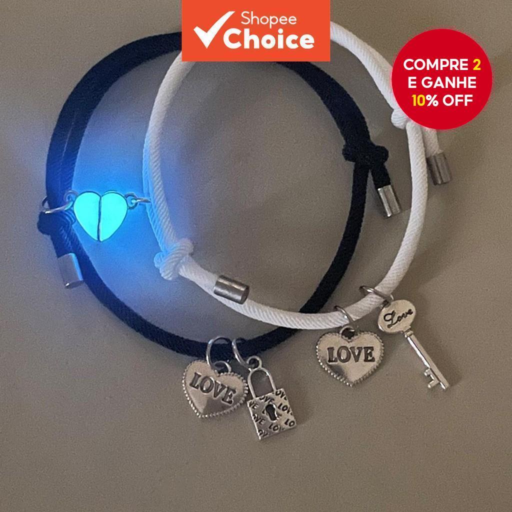 Novo par de pulseiras de cordão com pingentes em forma de coração, prata, fechadura e chave, luminoso Love, para casais em Oferta na Shopee