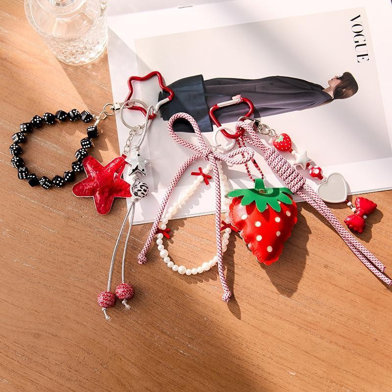 [largeloohg] Bonito Doce Couro Morango Estrela Chaveiro Y2K Feminino Frisado Na Moda Saco Pingente Mochila Pendurado Dec