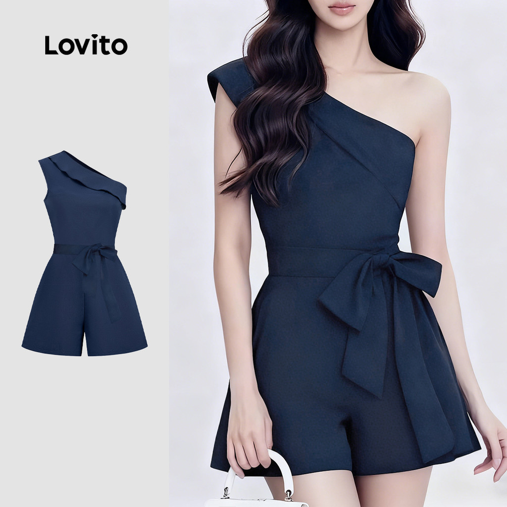 Lovito Macacão Elegante De Festa Assimétrico Com Amarração Nas Costas Azul Marinho Mulheres Primavera/verão L165ED1453 em Oferta na Shopee