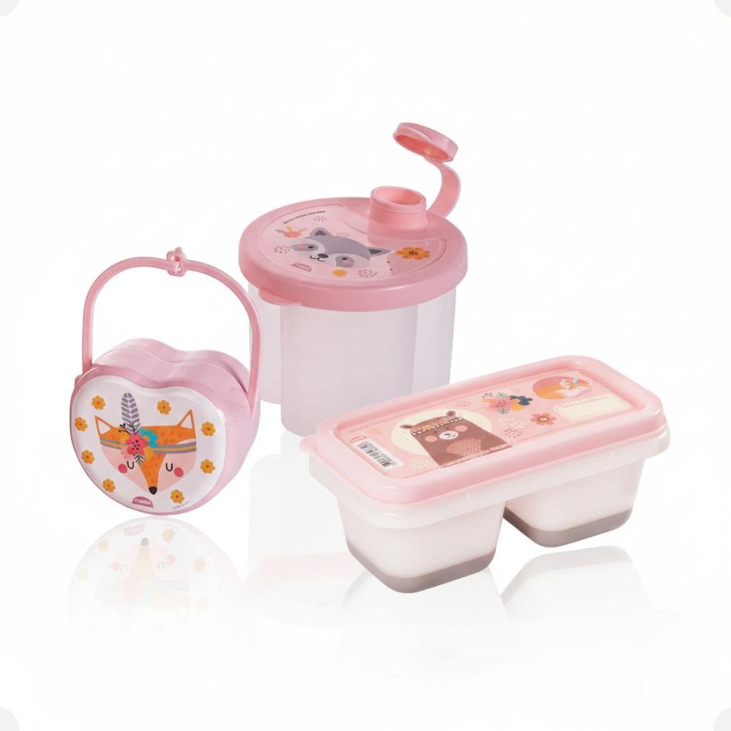 Kit Dosador Leite Pó 3 Compartimentos 300ml Porta Chupeta Alça Porta Papinha Duplo 70ml Rosa
