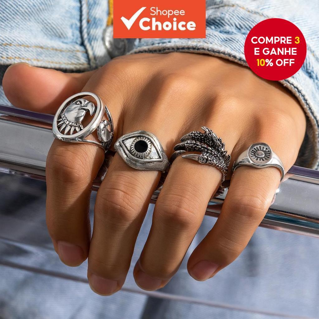 4 Pcs Vintage Viking Eagle Head Claw Rings Set Masculino Acessórios 2024 em Oferta na Shopee