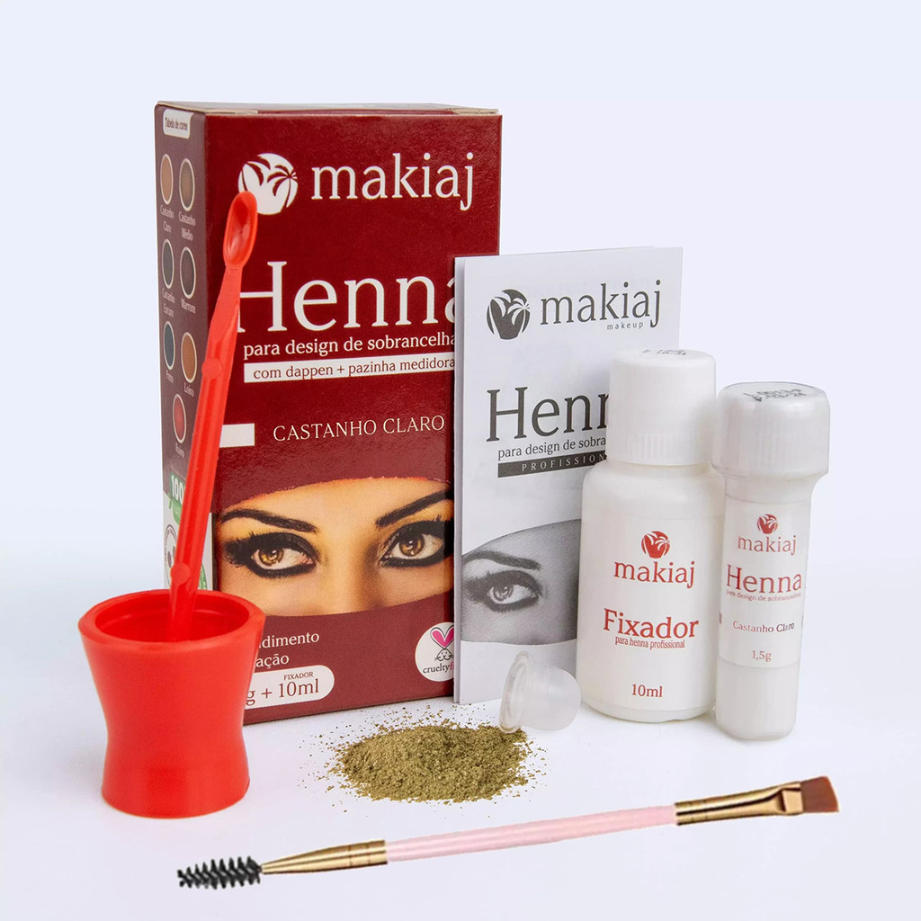 Kit Profissional Sobrancelhas Henna Makiaj 7 Cores + 1 Pincel Duplo Chanfrado
