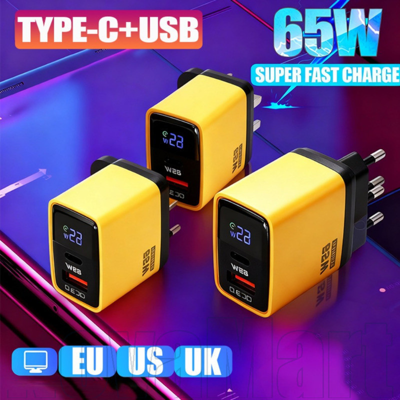Carregador De Alta Velocidade De 65 W Com Display De Energia | Carregamento Rápido USB-C/A QC De Porta Dupla Design De V