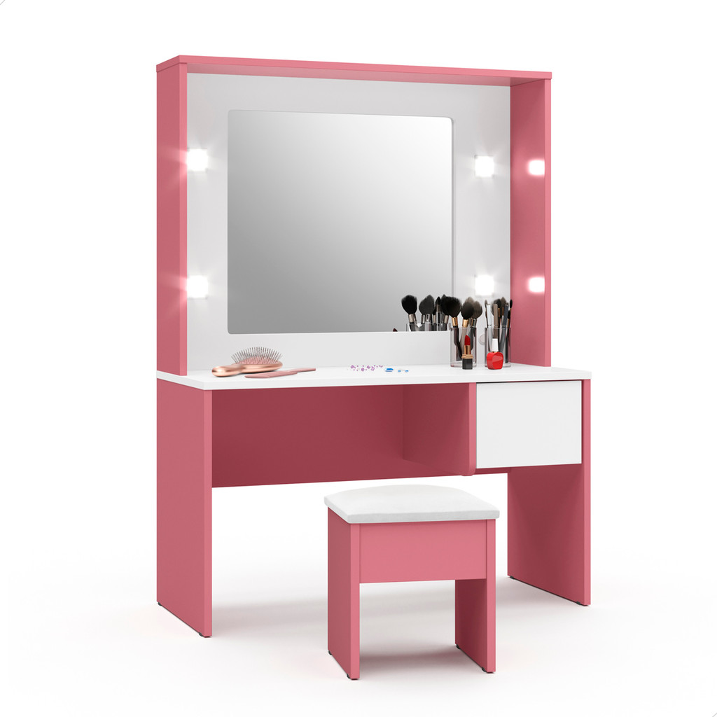 Penteadeira Camarim Infantil Rosa Com Espelho Led e Puff