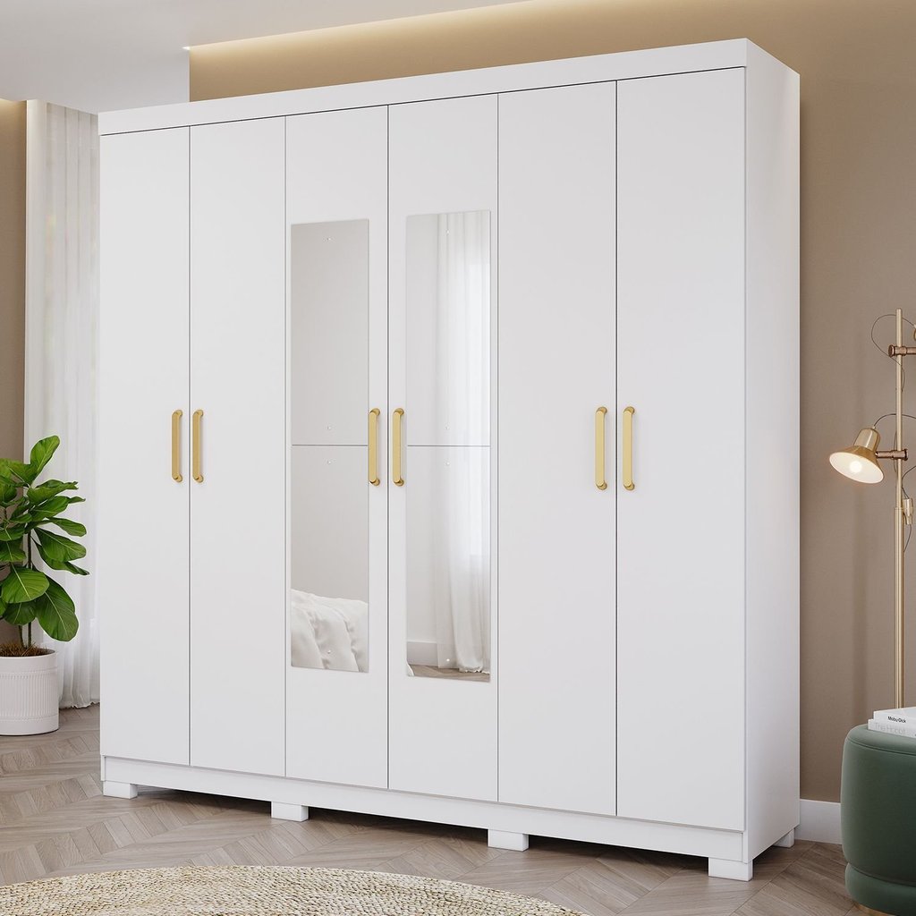 Guarda-Roupa Casal 6 Portas 3 Gavetas Kit 4 Espelhos e 8 Pés 199cm 100% MDF Clara Branco Branco