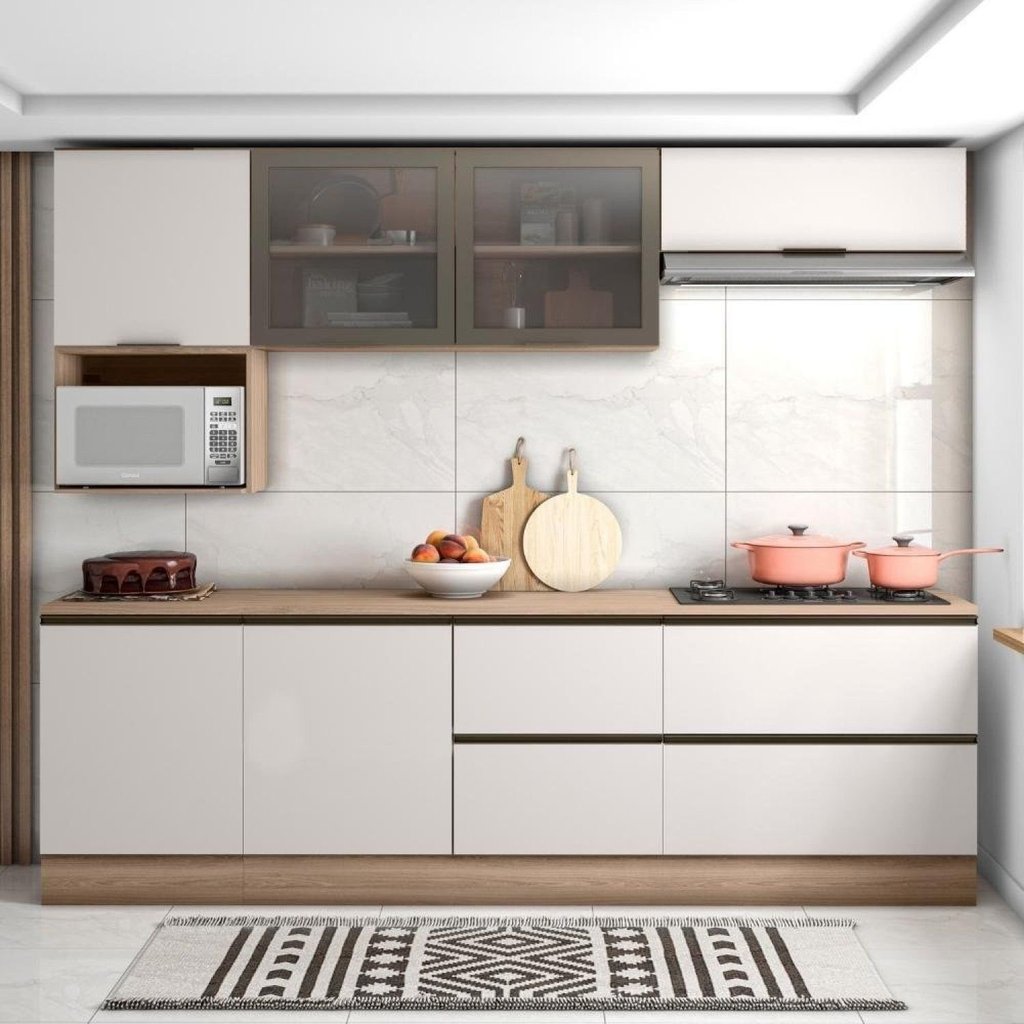 Cozinha Modulada Completa 7 Portas 4 Gavetas com Balcão para Cooktop Etna Bege/Carvalho Oak/Off White Carvalho/Off