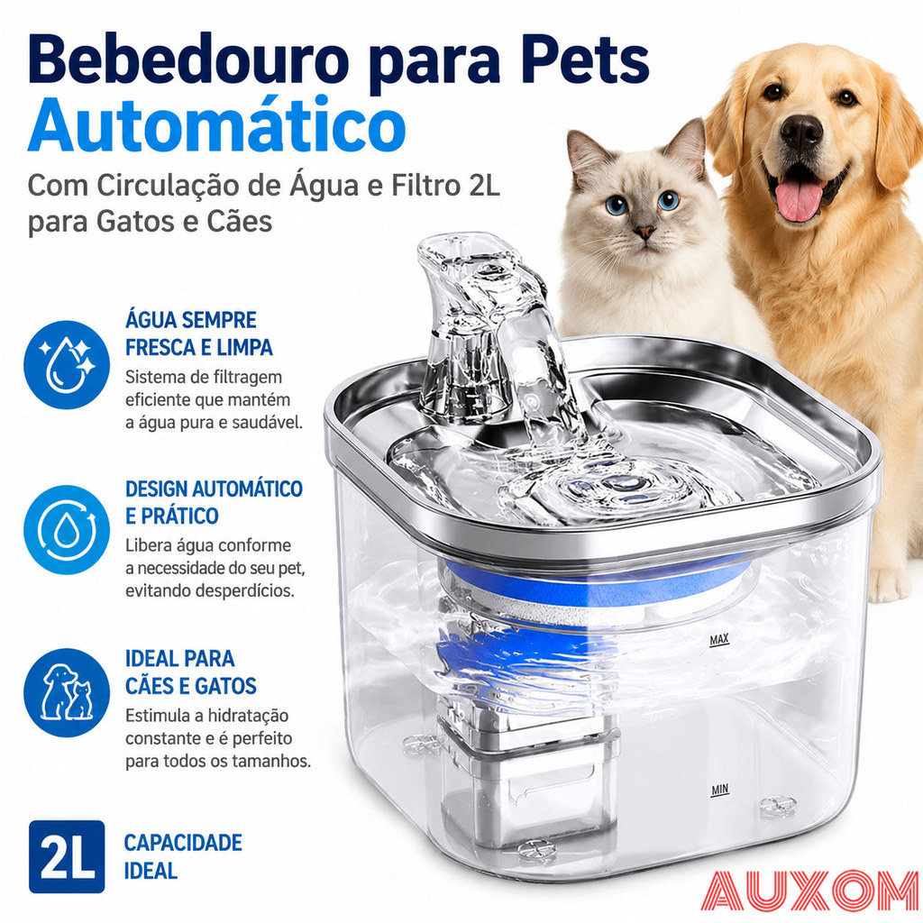 Bebedouro para Pets Automático Com Circulação de Água e Filtro 2L para Gatos e Cães