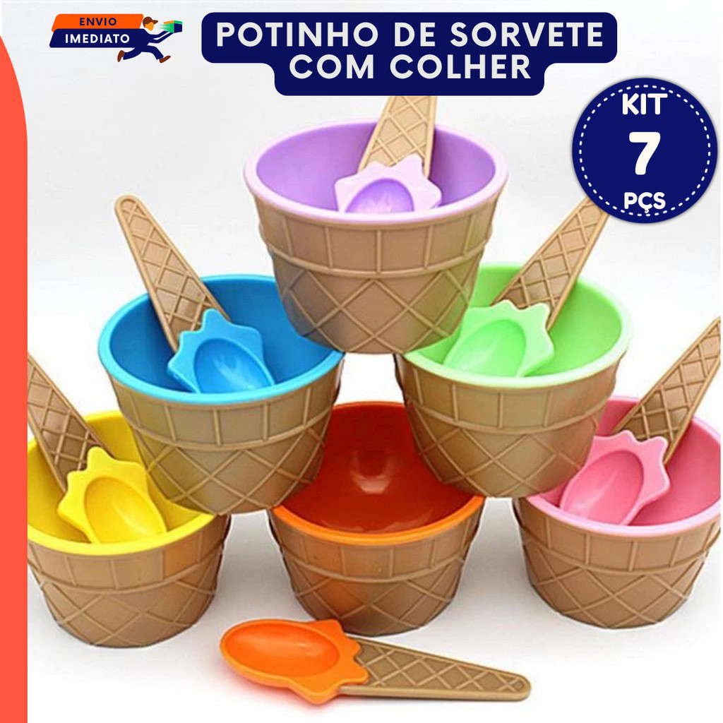 Taça de Sorvete Plástico com Colher Sobremesa 7 Peças