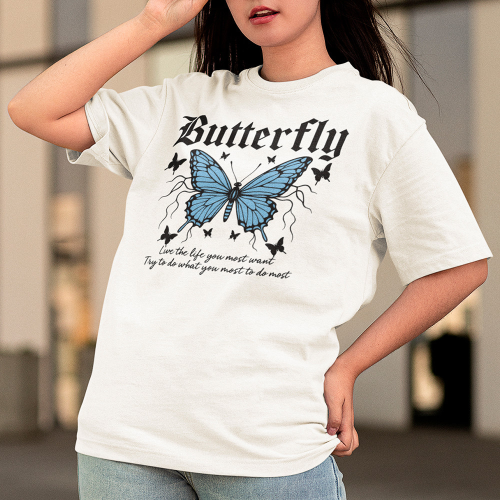 Camisa Feminina Borboleta Azul Casual 100% Algodão Premium Blusa Confortável Camiseta Encantadora