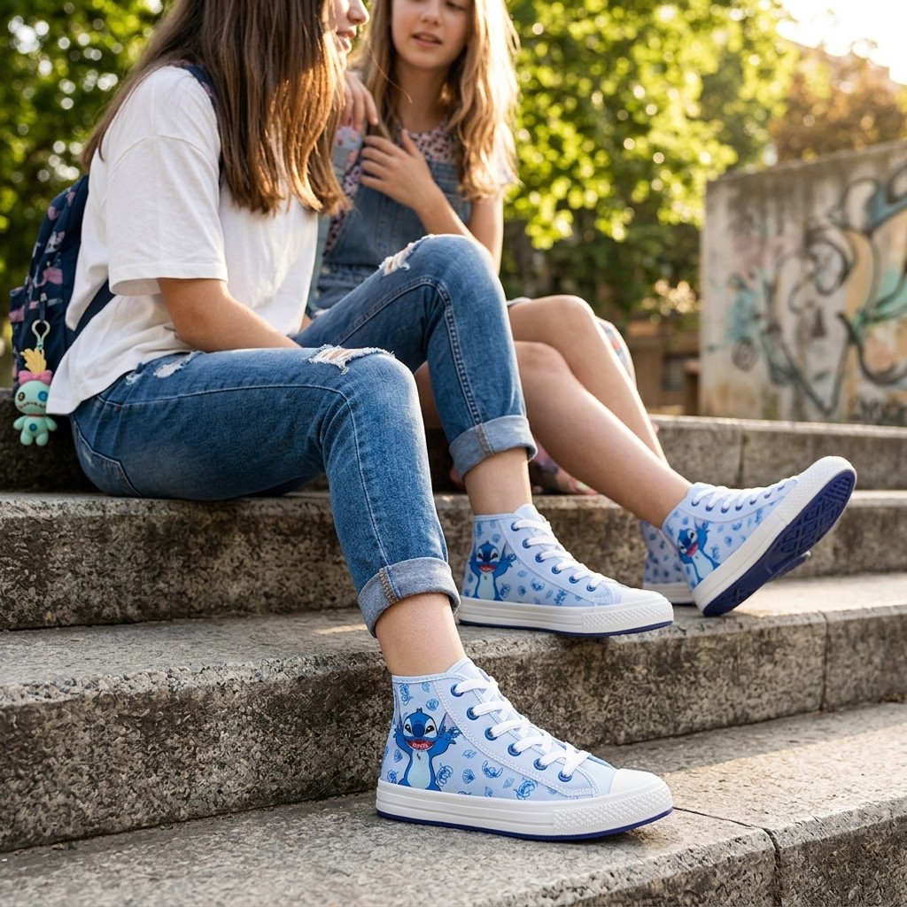 Tênis Stitch Infantil Menina Original Cano Alto Confortável Passeio Escola Solado Flexível Biqueira Emborrachada