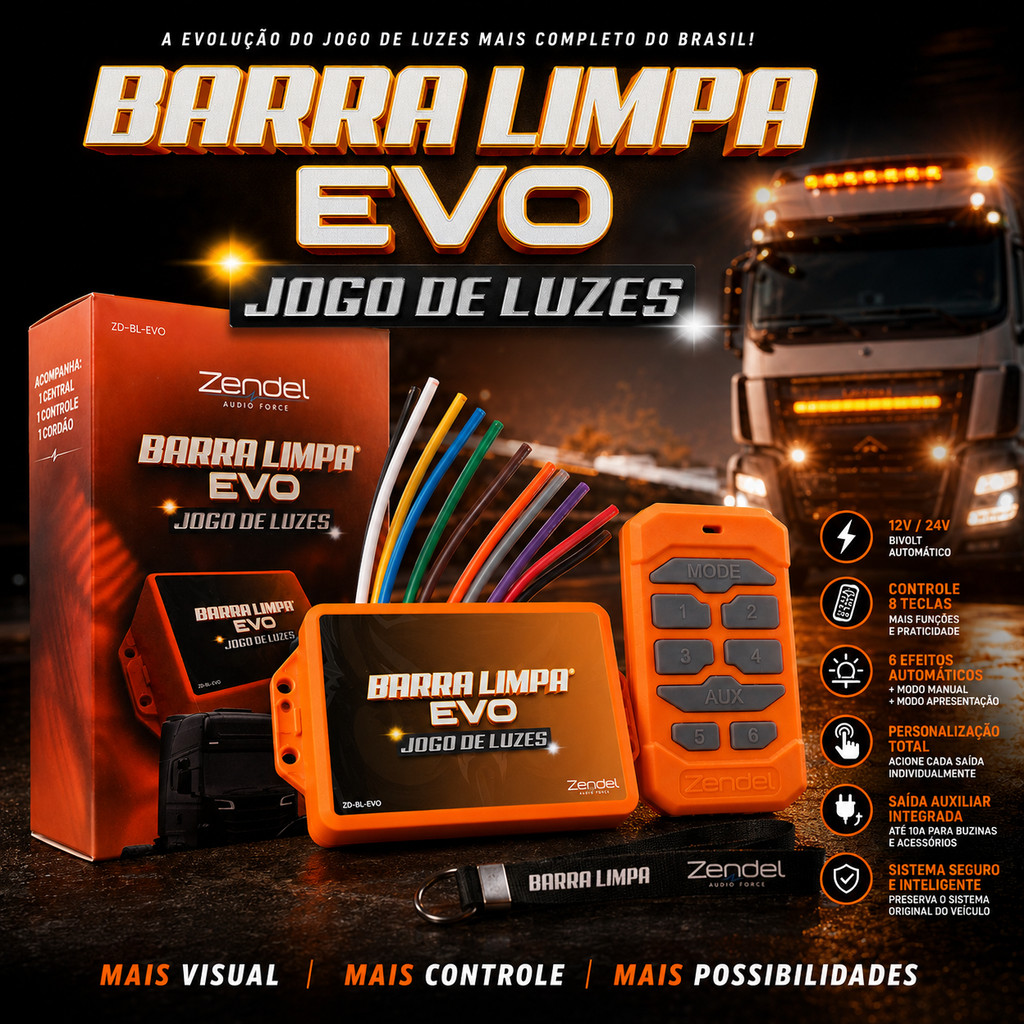 CENTRAL BARRA LIMPA EVO JOGO LUZES STROBO AUTOMOTIVO CONTROLE REMOTO 12V 24V UNIVERSAL