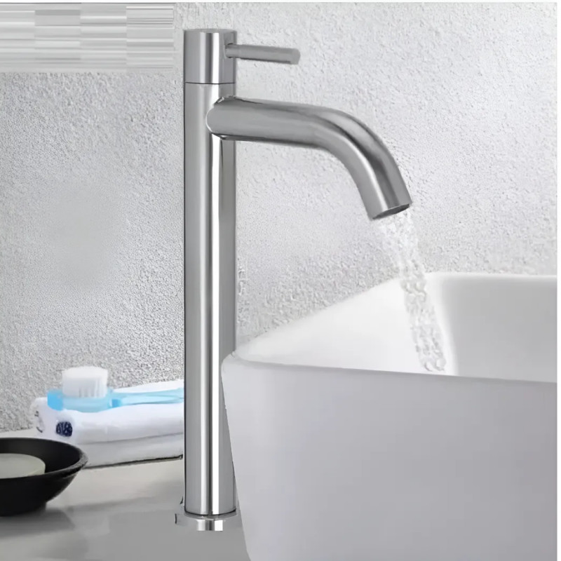 Torneira Alta Banheiro CubaBancada Metal Acabamento Escovado Prata Inox 304