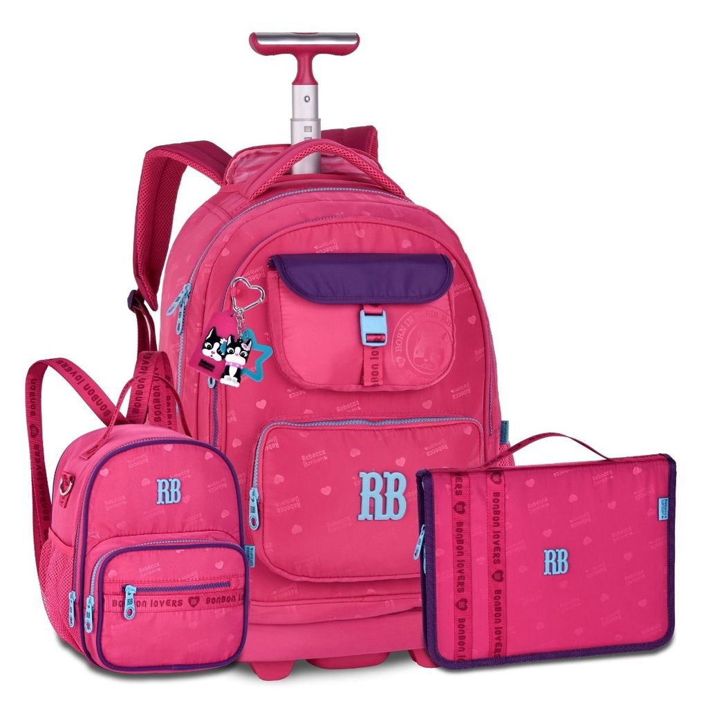 Mochila Rodinhas Com Lancheira e Estojo Fichario Rebecca Bonbon