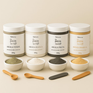 Kit Argila Facial Via Aroma 300g + Ramequim Porcelana + Espátula e Colher de Bambu | Detox para Pele em Oferta na Shopee