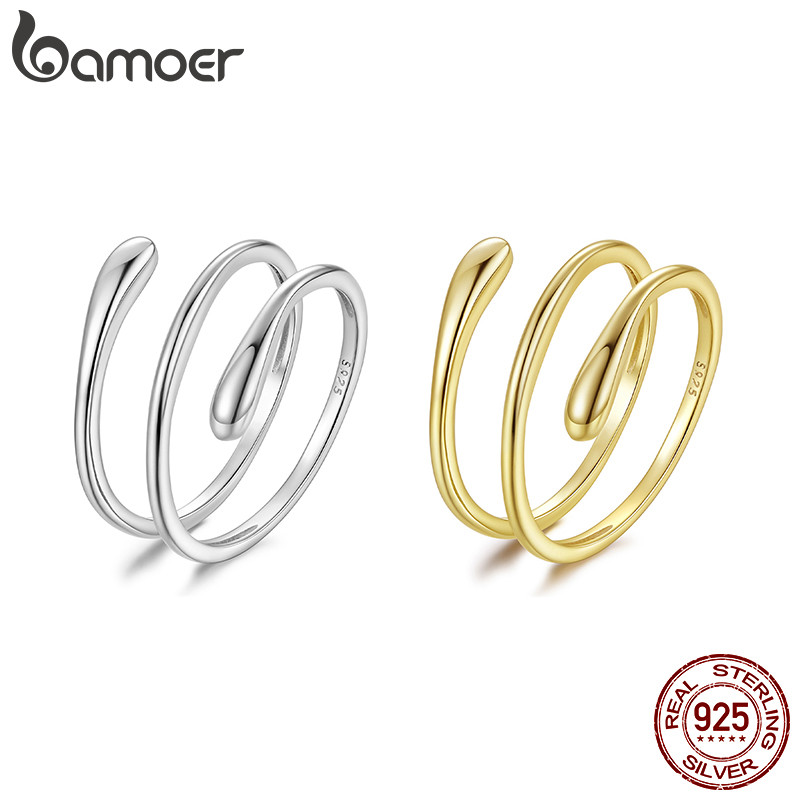 Bamoer 925 Prata Esterlina Anel Aberto Tamanho Ajustável Dois Tons Multi-Camada Minimalista Jóias Presente Feminino