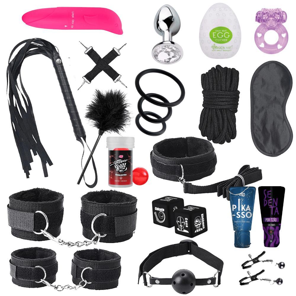 Kit 22 Itens BDSM Sado Venda, algema, chicote, dados, Vibrador, Anel peniano, Egg Kit casal sex shop