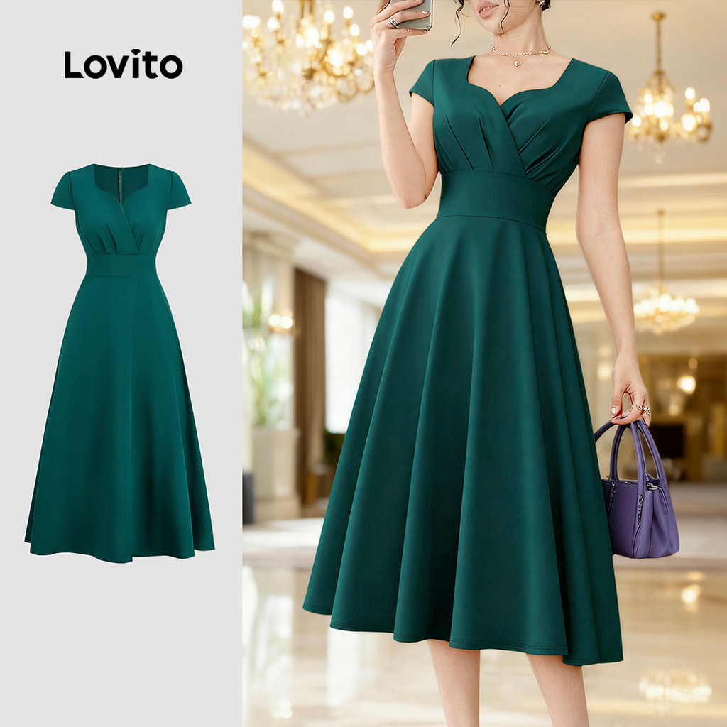 Lovito Vestido Elegante Plissado Primavera/verão Vestido Verde Escuro para Mulheres L165AD851 em Oferta na Shopee